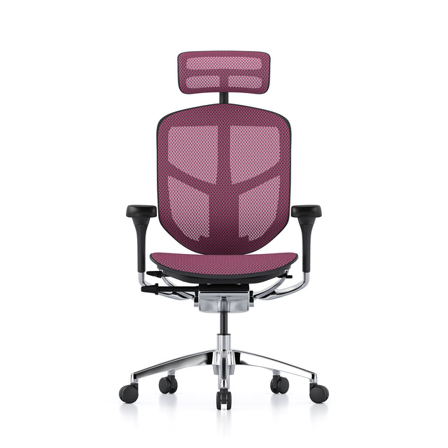 enjoy office chair in black frame and pink mesh, forward view, with headrest