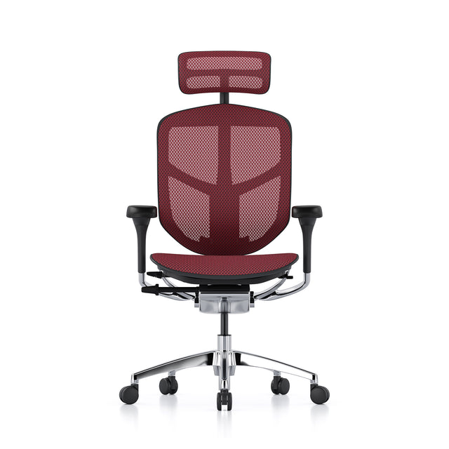 enjoy elite g2 office chair, black frame, scarlet mesh, headrest included, front view