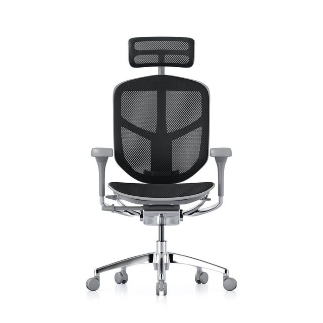 grey frame, black mesh office chair, enjoy elite, headrest included, front view