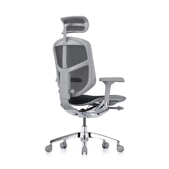 enjoy office chair with headrest, grey frame and black mesh, headrest included, back 45-degree angle to the right