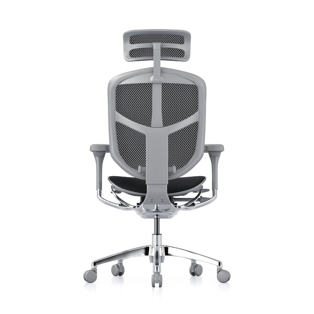 grey office chair with black mesh, rear view, headrest included