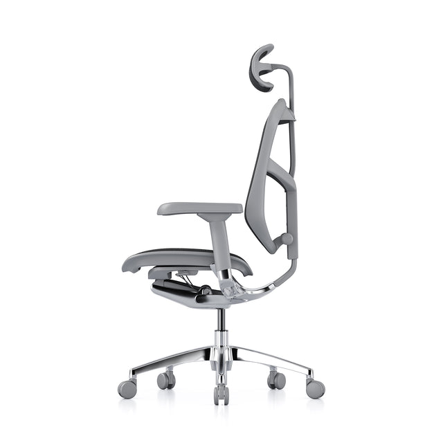 enjoy office chair, left profile view, grey frame black mesh, headrest included