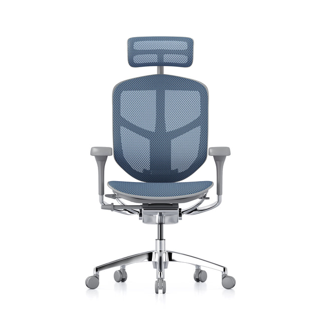 blue office chair, enjoy elite, grey frame, headrest included, front view