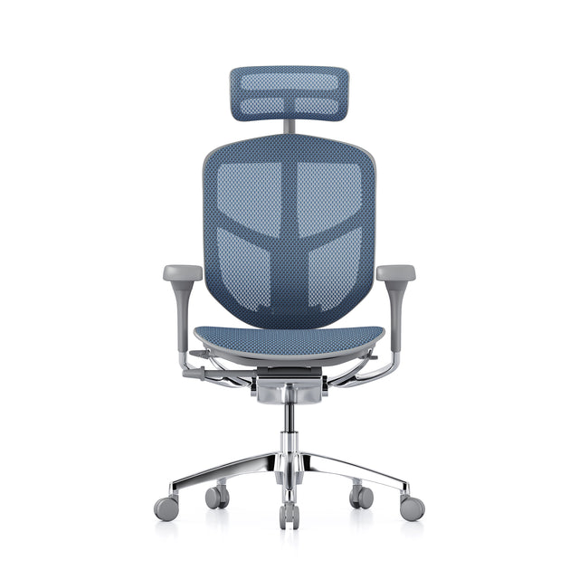 Open-box Enjoy office chair with headrest, blue mesh, grey frame – Excellent