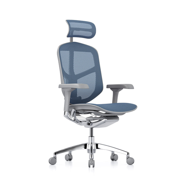 Open-box Enjoy office chair with headrest, blue mesh, grey frame – Excellent