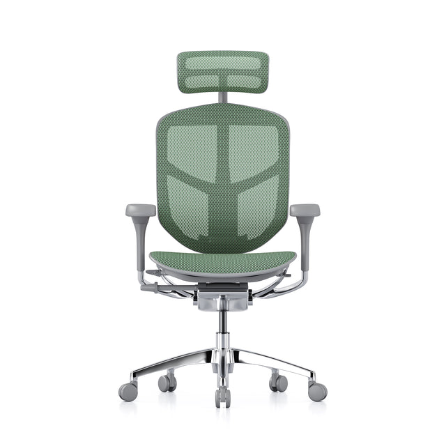 green sustainable office chair with grey frame, front view of enjoy elite g2, headrest included