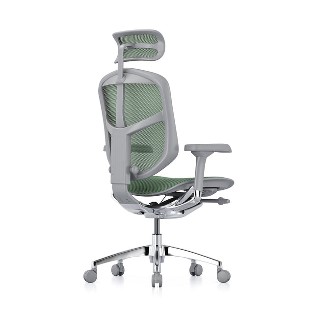 enjoy elite g2, grey frame and green mesh, back 45-degree angle to the right, headrest included