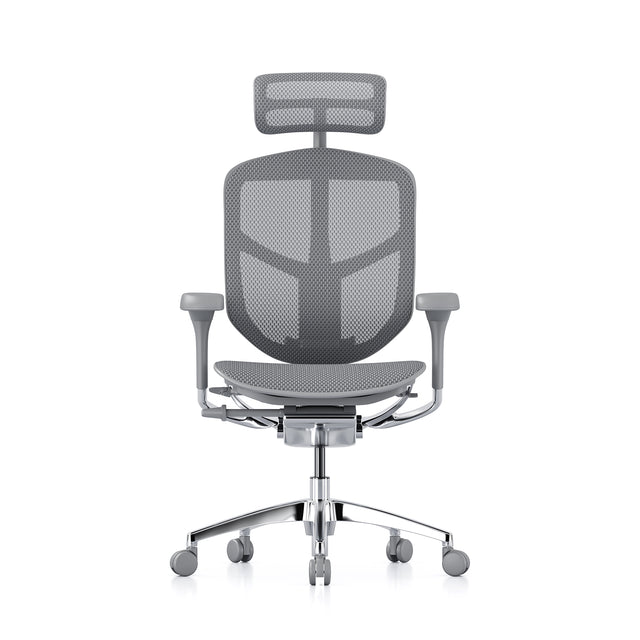 grey frame grey mesh office chair, headrest included, front view