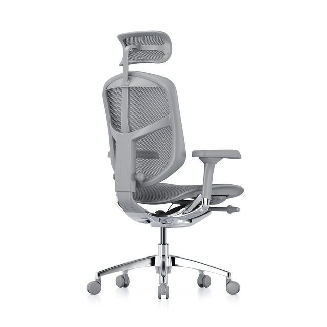 grey mesh, grey frame office chair, back 45-degree angle, headrest included