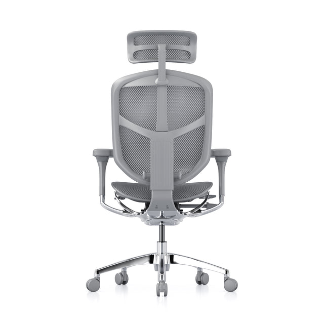 grey frame, grey mesh office chair, enjoy elite g2, rear view, headrest included