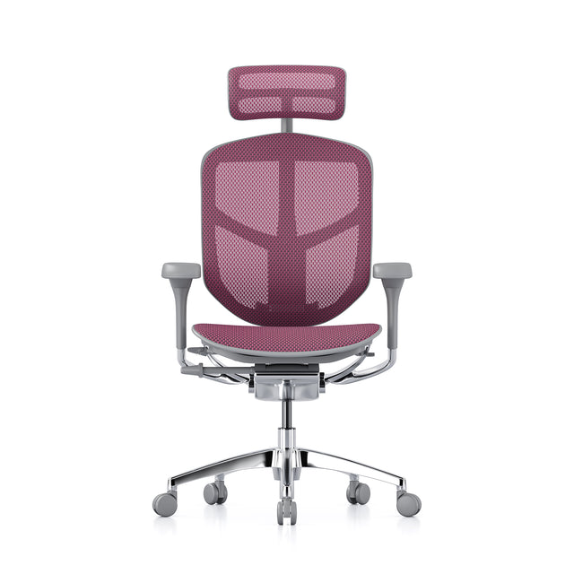 enjoy office chair, grey frame and pink mesh, headrest included, front view