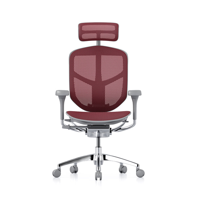 enjoy elite g2, grey office chair with scarlet mesh, headrest included, front view