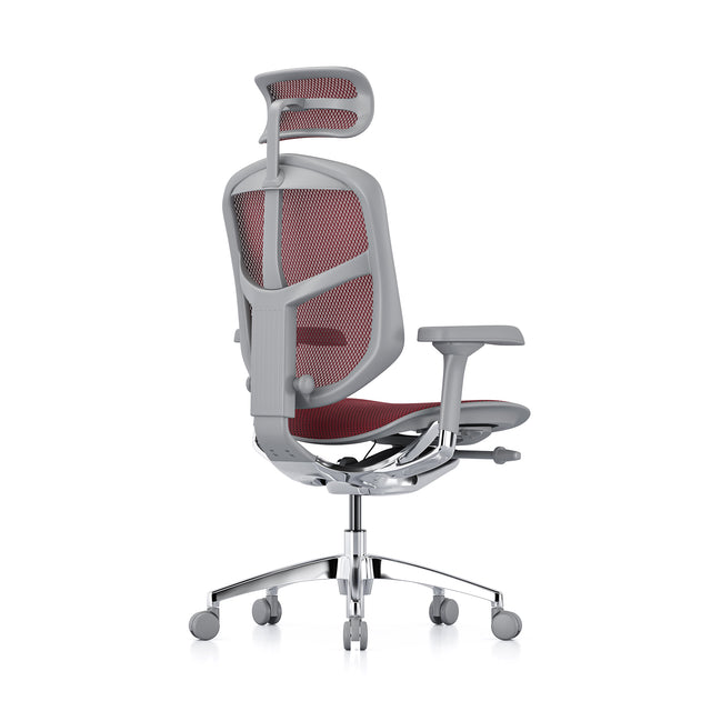 enjoy elite g2, grey frame and red mesh office chair, back 45-degree angle to the right, headrest included