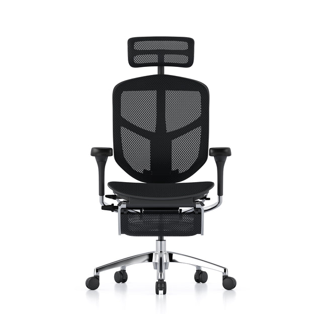 Black frame, black mesh, Enjoy office chair, with headrest and legrest, facing front.