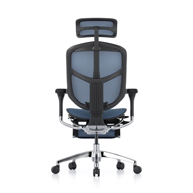 enjoy office chair in black frame and blue mesh facing back. featuring headrest and legrest