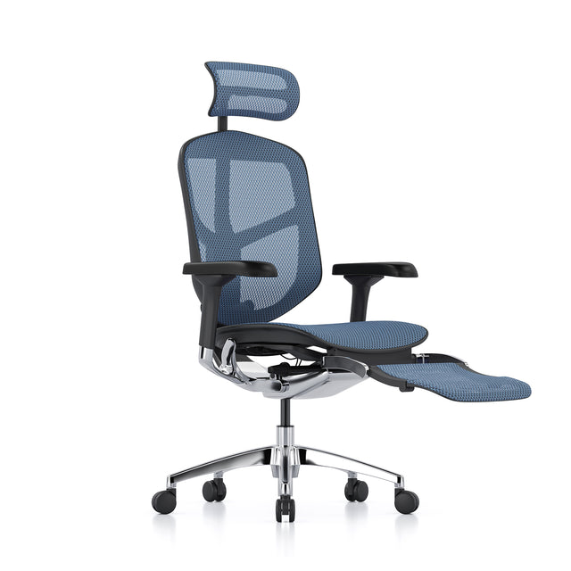 black frame, blue mesh enjoy office chair, 45-degree angle to the right, with headrest and legrest
