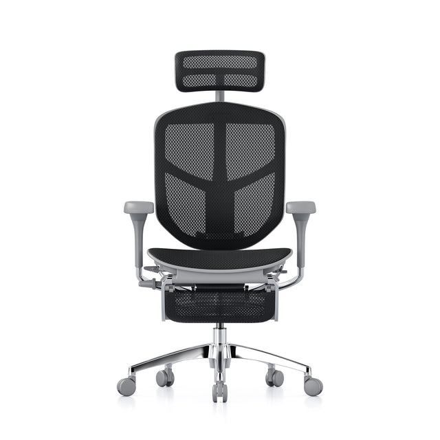 front view of enjoy office chair with grey frame and black mesh, headrest and legrest included