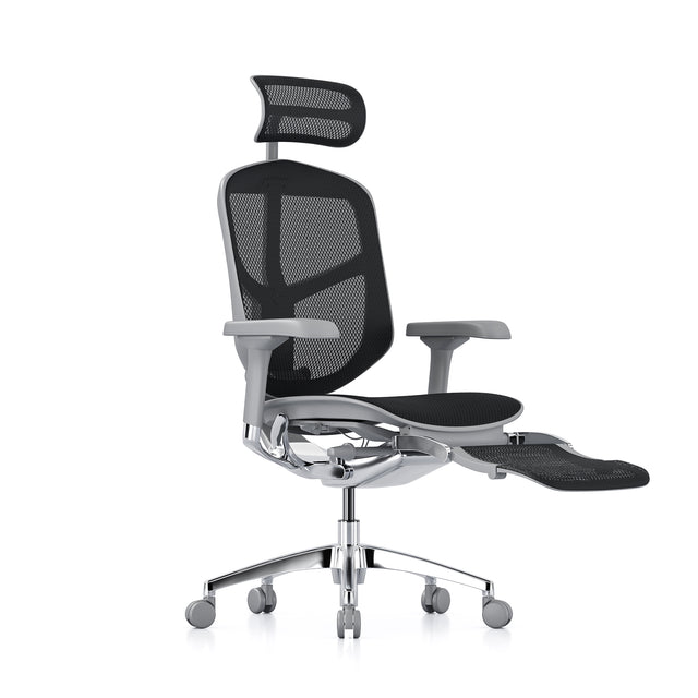mesh office chair, enjoy elite, grey frame with black mesh, headrest and legrest included