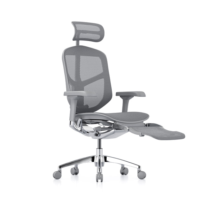 grey office chair, front 45-degree angle to the right, headrest and legrest included