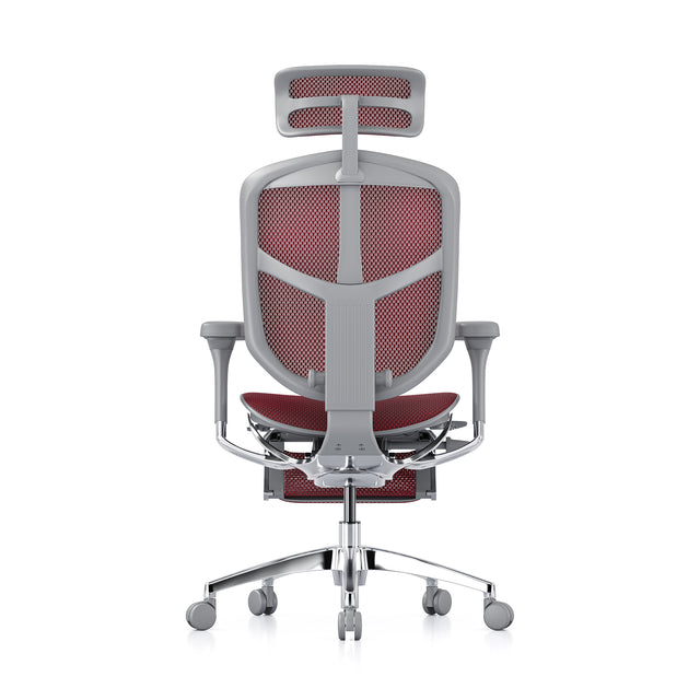 enjoy elite office chair, grey frame and scarlet mesh, rear view, headrest and legrest included