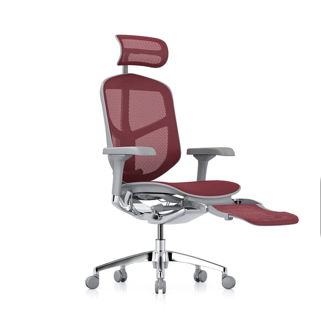 grey frame scarlet mesh office chair, front 45-degree angle to the right, headrsest & legrest included