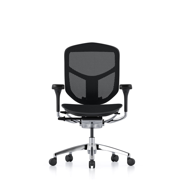 Black frame, black mesh Enjoy office chair, front facing, no headrest or legrest