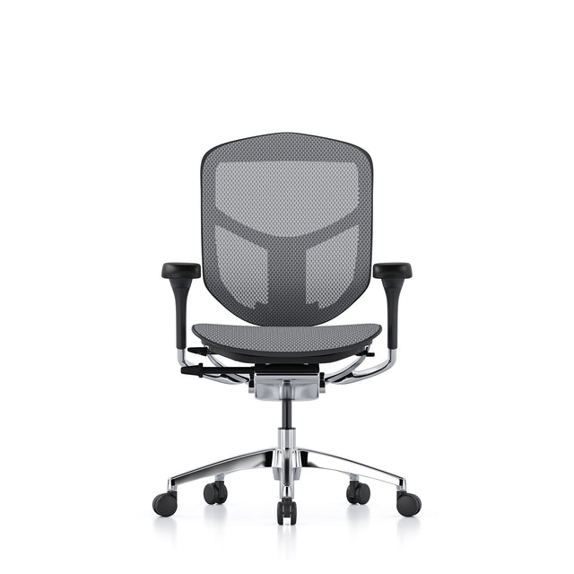 enjoy office chair, no headrest, black frame, grey mesh, front view