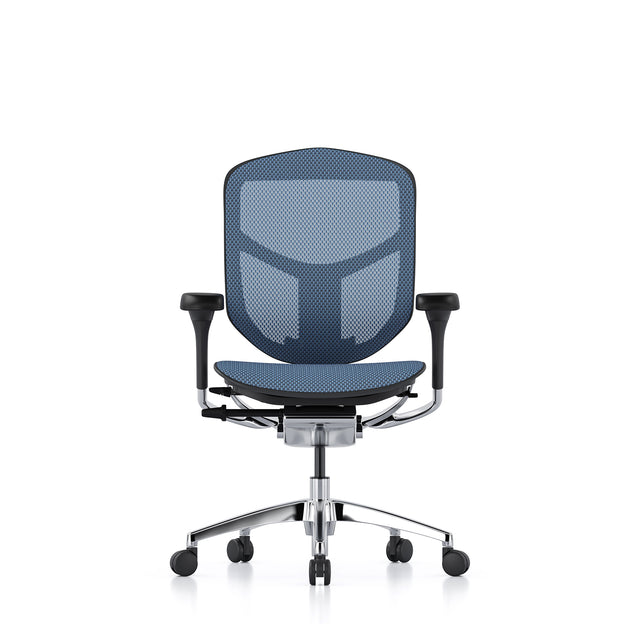 black frame, blue mesh enjoy elite g2 office chair with no headrest or legrest, forward facing view
