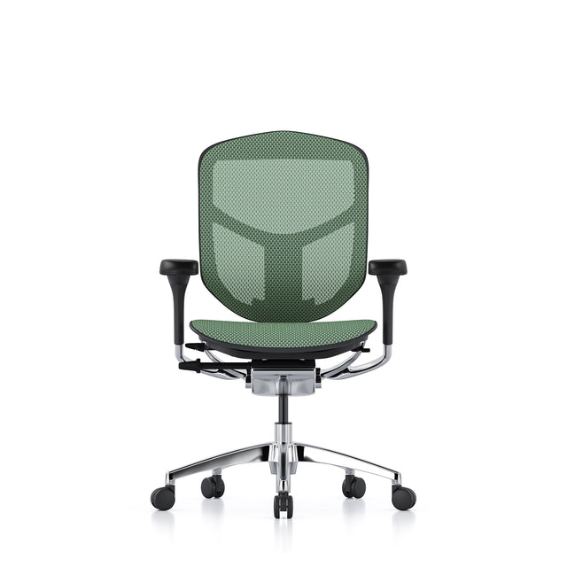 enjoy office chair no headrest or legrest, black frame, green mesh, facing front