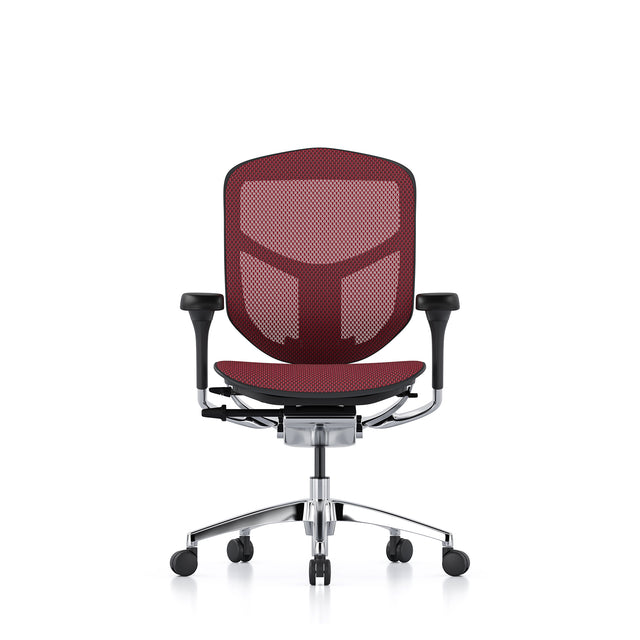 enjoy office chair, black frame, scarlet mesh, front view, no headrest