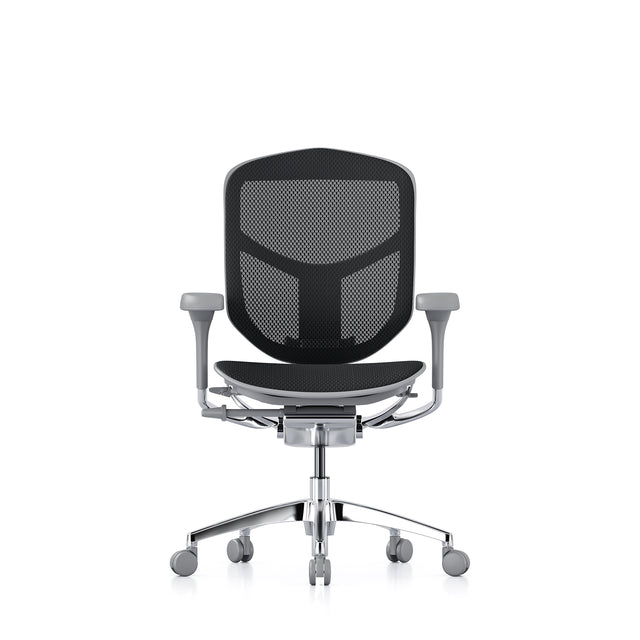 enjoy office chair without headrest, grey frame and black mesh, front view
