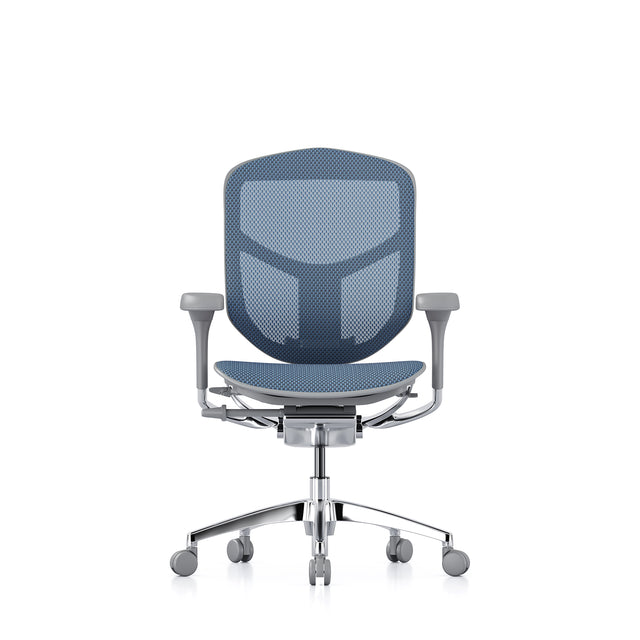 enjoy office chair, grey frame and cobalt mesh, no headrest, front view
