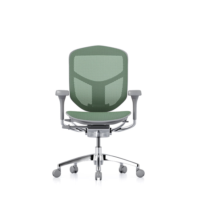 enjoy office chair front view, grey frame and green mesh, no headrest