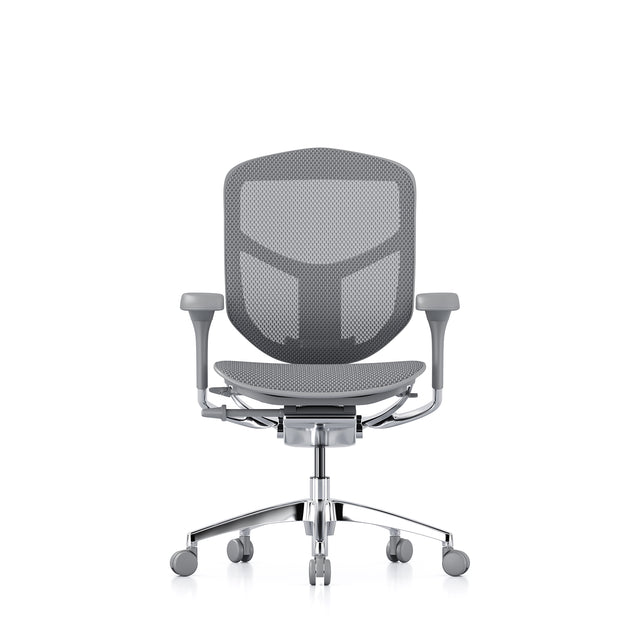 enjoy office chair, front view, grey frae and grey mesh, no headrest
