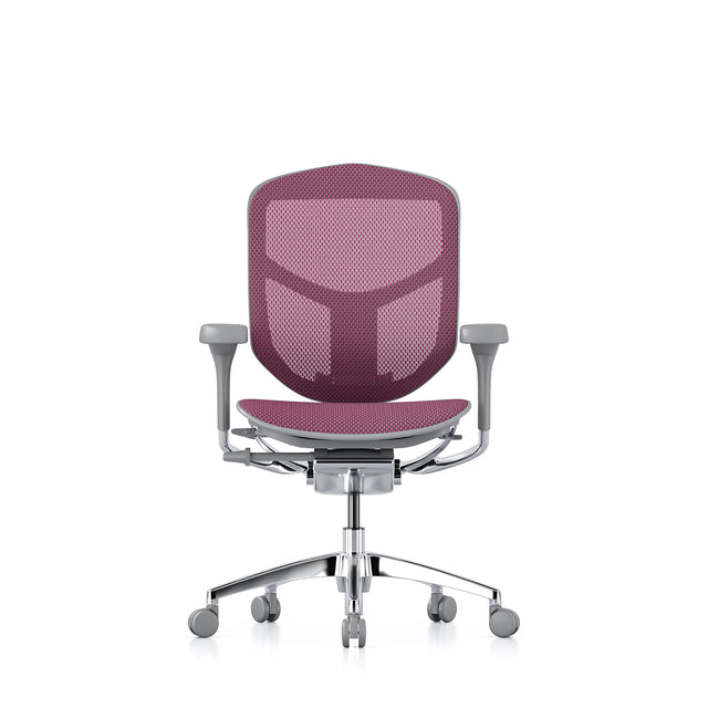 enjoy office chair without headrest, front view, grey frame and pink mesh