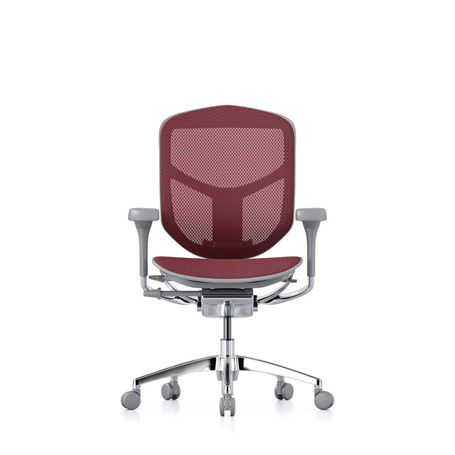 enjoy office chair without headrest, grey frame and scarlet mesh, front view