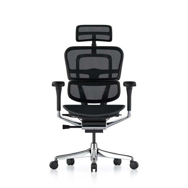 ergohuman office chair, black frame, black mesh, with headrest, front view