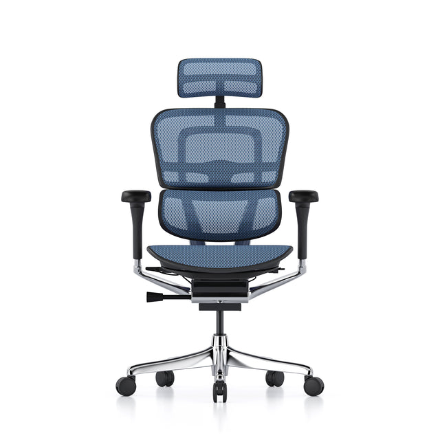 black frame cobalt mesh ergohuman elite office chair with headrest, front view