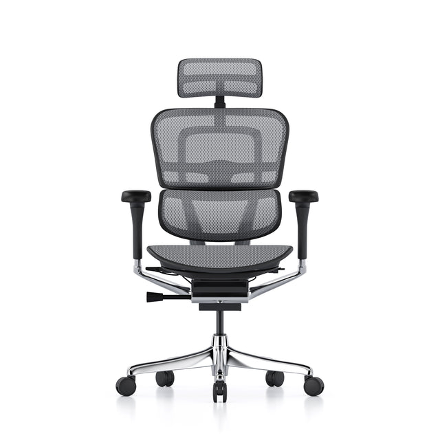 black frame and grey mesh ergohuman office chair with headrest, front view