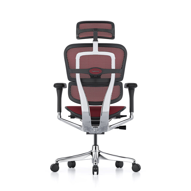 back view of the ergohuman mesh office chair, black frame, scarlet mesh, headrest included