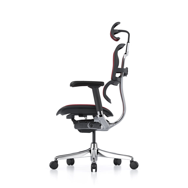 left profile view of the ergohuman chair, headrest included, black frame, scarlet mesh