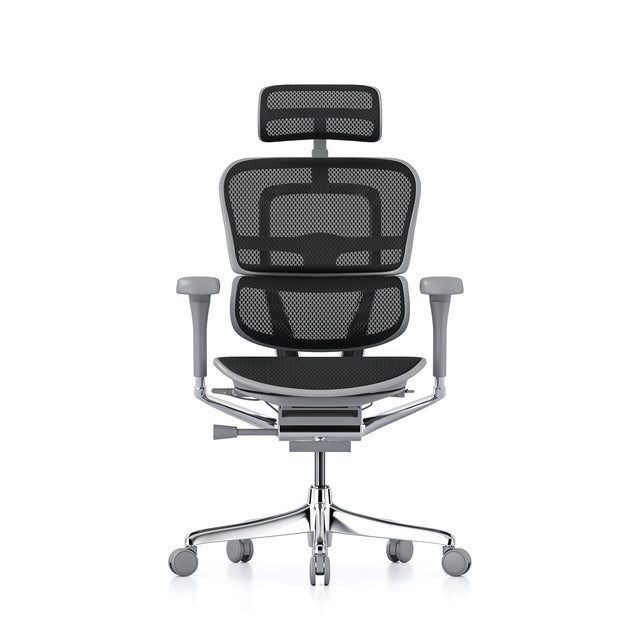 grey frame black mesh ergohuman elite office chair, front view, headrest included