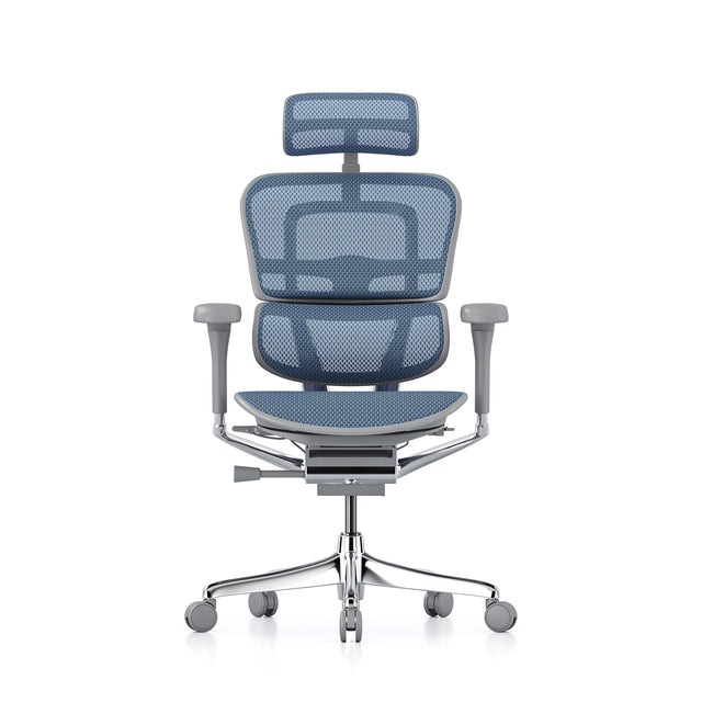 grey frame cobalt mesh office chair, headrest included, front view