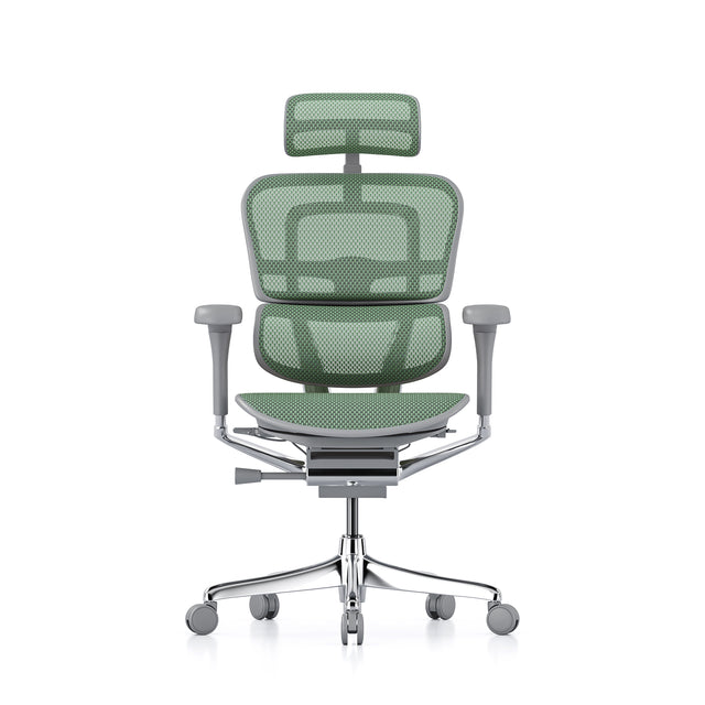 grey frame, green mesh office chair, ergohuman elite g2, front view, headrest included