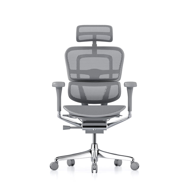 grey ergohuman office chair, grey frame & mesh, headrest included, front view of the sustainable office chair