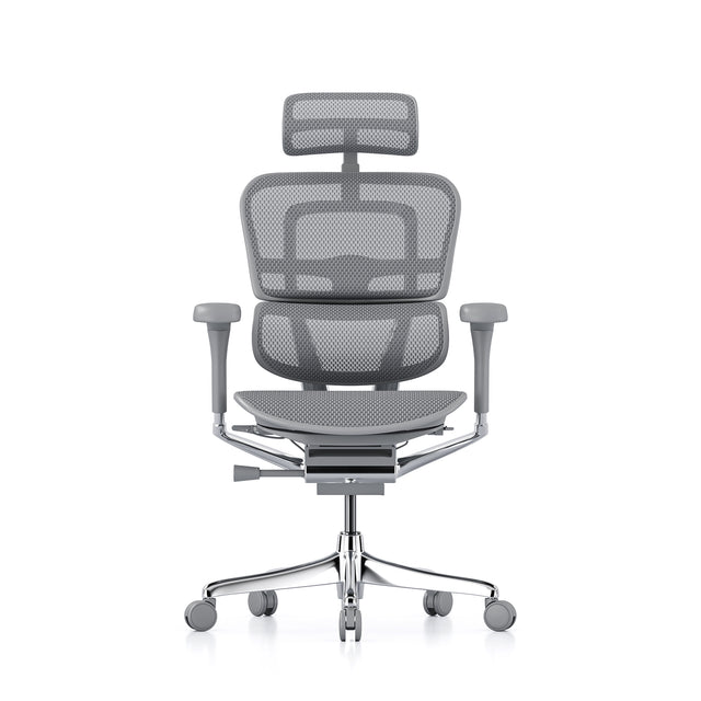 grey ergohuman office chair, grey frame & mesh, headrest included, front view of the sustainable office chair