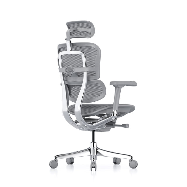 back right 45-degree angle of the ergohuman elite, headrest included, grey frame and grey mesh