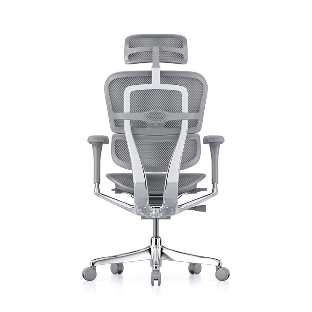 grey frame and grey mesh, ergohuman office chair, headrest included, rear view