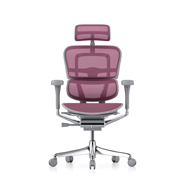 pink office chair with grey frame, headrest included, front view