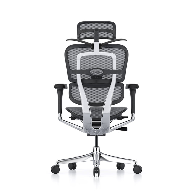 black frame grey mesh ergohuman office chair with headrest and popped-out coat hanger, rear view